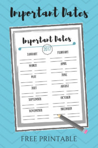 important dates free printable, important dates, yearly dates, yearly important date, free printable, printable