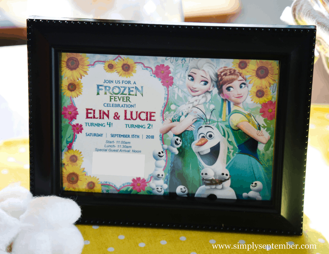 frozen fever invitation, frozen fever party, frozen party, frozen fever menu, frozen party decor, frozen birthday party, simply September blog, Elsa and Anna, sunflower party